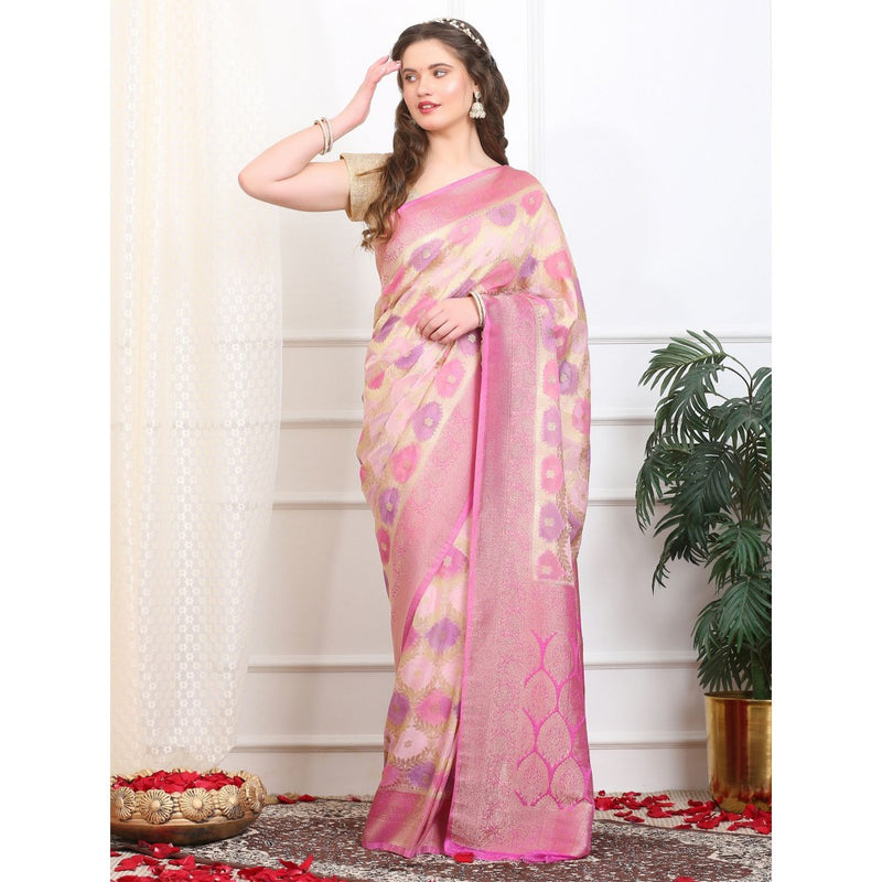 Dress & Dazzle Ivory And Pink Rangkat Georgette Saree with Unstitched Blouse
