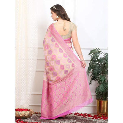 Dress & Dazzle Ivory And Pink Rangkat Georgette Saree with Unstitched Blouse