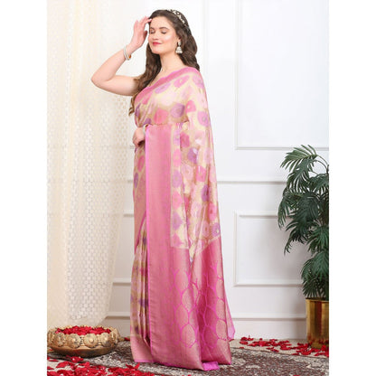 Dress & Dazzle Ivory And Pink Rangkat Georgette Saree with Unstitched Blouse