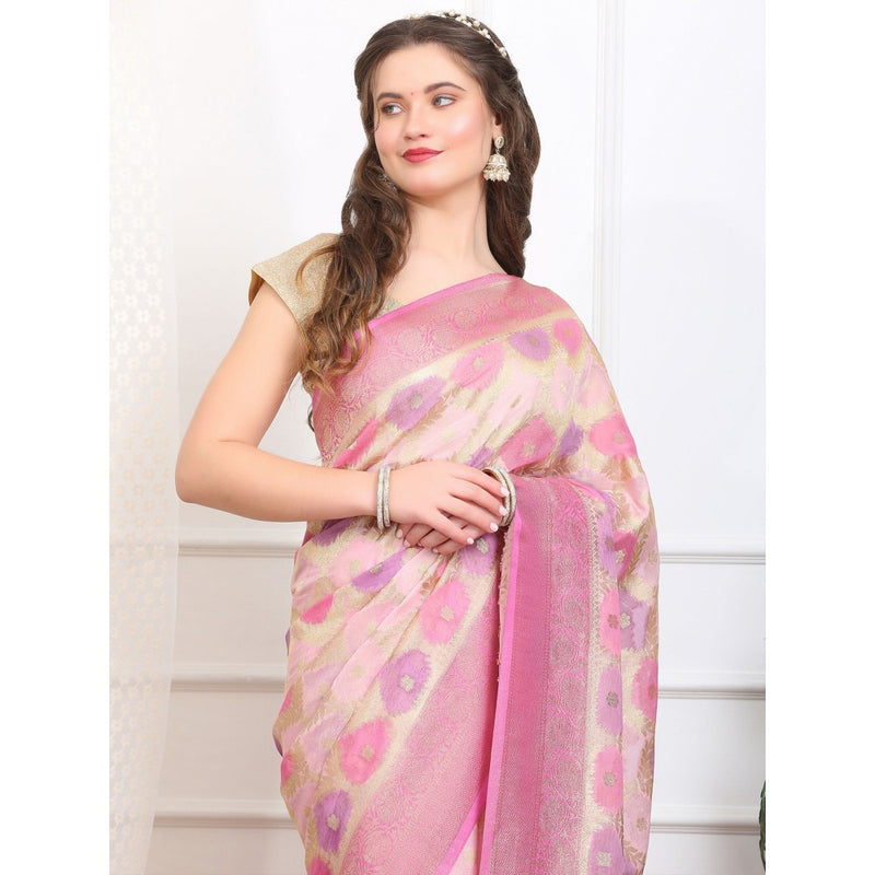 Dress & Dazzle Ivory And Pink Rangkat Georgette Saree with Unstitched Blouse