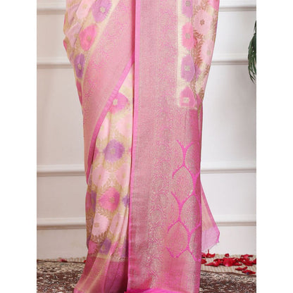Dress & Dazzle Ivory And Pink Rangkat Georgette Saree with Unstitched Blouse