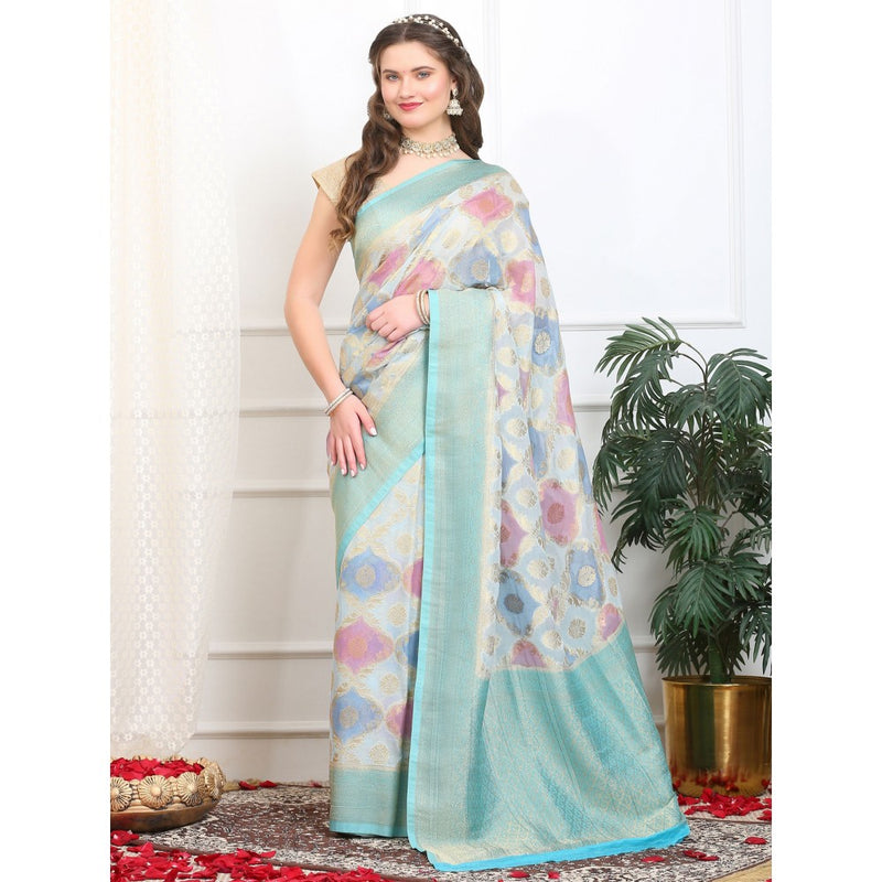 Dress & Dazzle Ivory And Blue Rangkat Georgette Saree with Unstitched Blouse