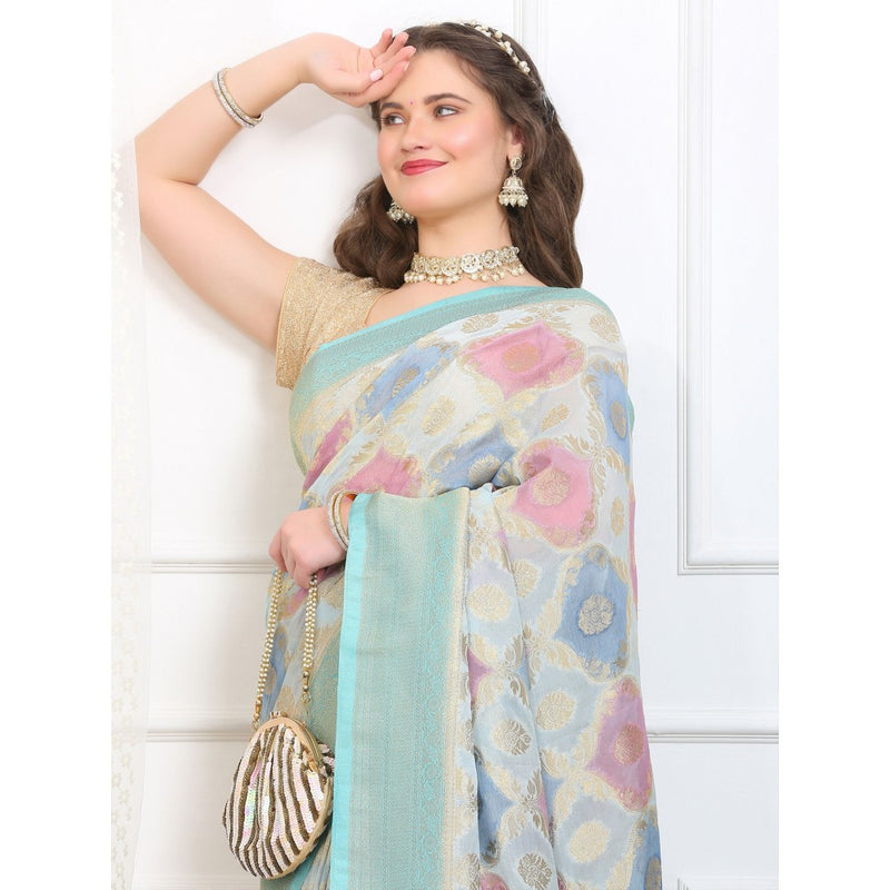 Dress & Dazzle Ivory And Blue Rangkat Georgette Saree with Unstitched Blouse