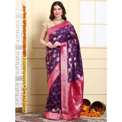 Dress & Dazzle Deep Purple Banarasi Silk Saree with Unstitched Blouse