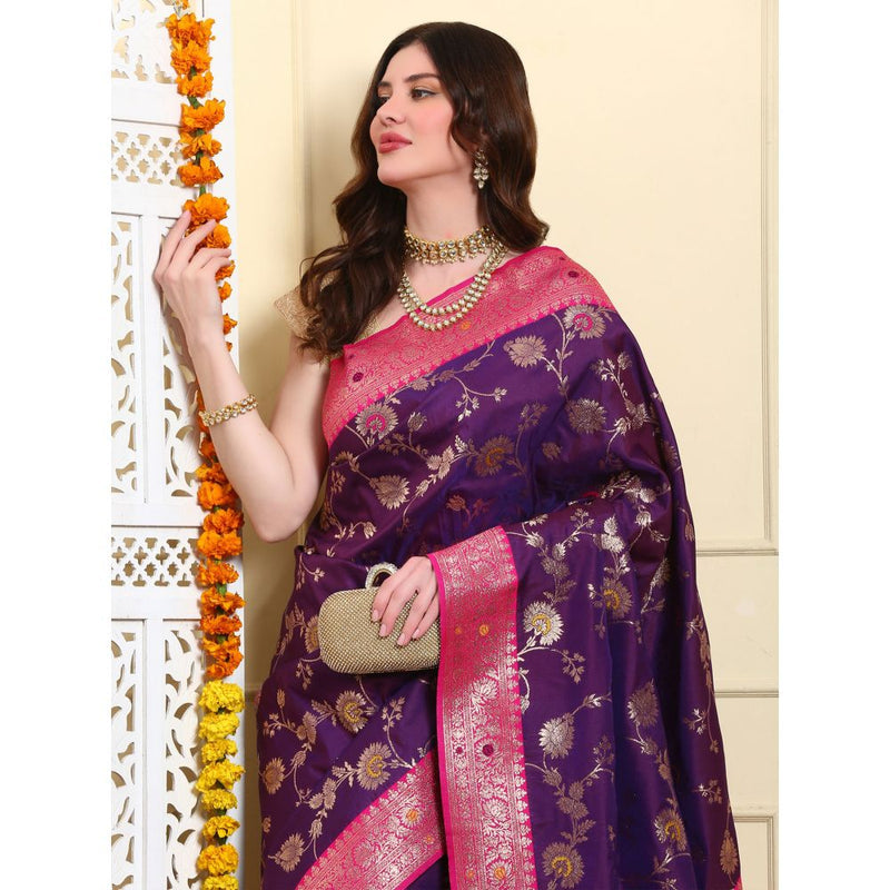 Dress & Dazzle Deep Purple Banarasi Silk Saree with Unstitched Blouse