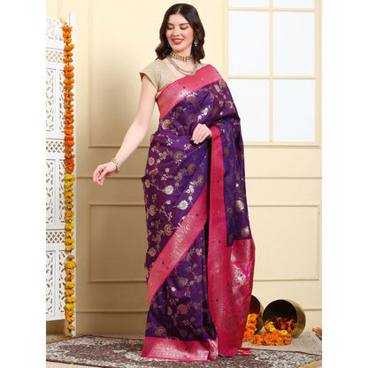 Dress & Dazzle Deep Purple Banarasi Silk Saree with Unstitched Blouse