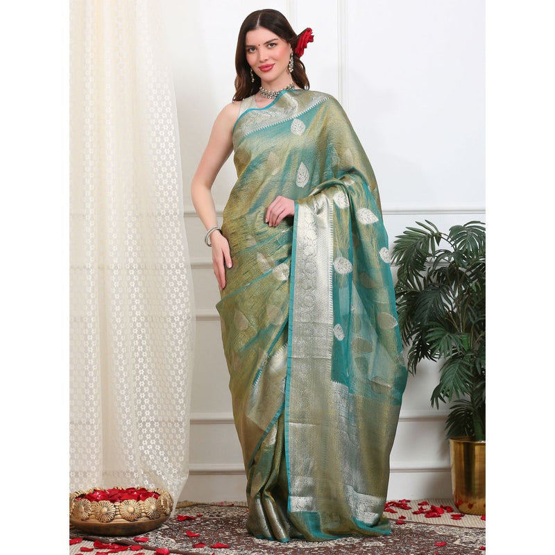 Dress & Dazzle Sea Green Crush Tissue Saree with Unstitched Blouse