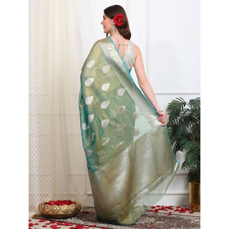 Dress & Dazzle Sea Green Crush Tissue Saree with Unstitched Blouse