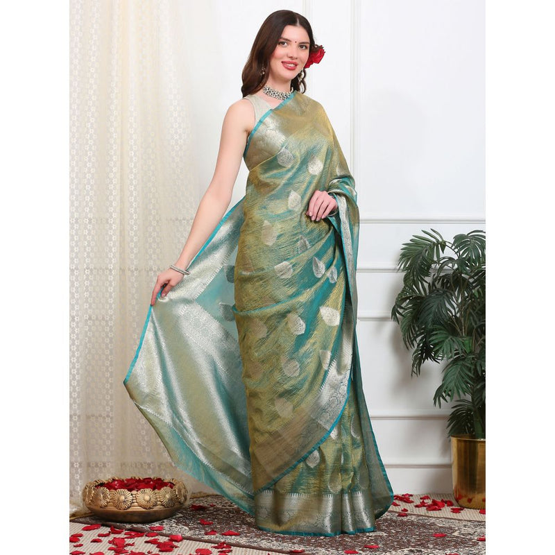 Dress & Dazzle Sea Green Crush Tissue Saree with Unstitched Blouse
