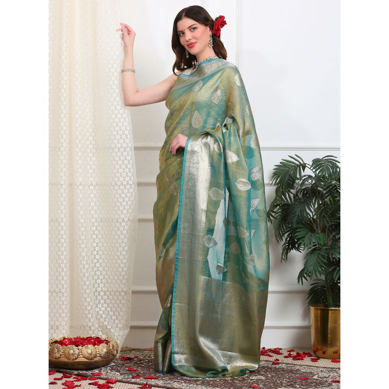 Dress & Dazzle Sea Green Crush Tissue Saree with Unstitched Blouse