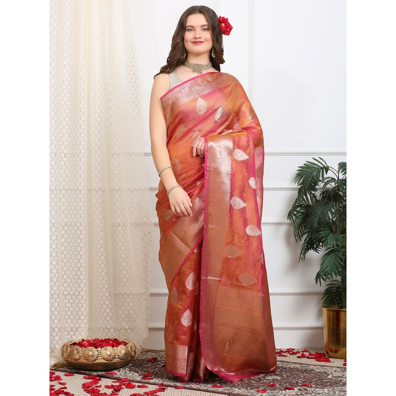 Dress & Dazzle Brown Pink Crush Tissue Saree with Unstitched Blouse