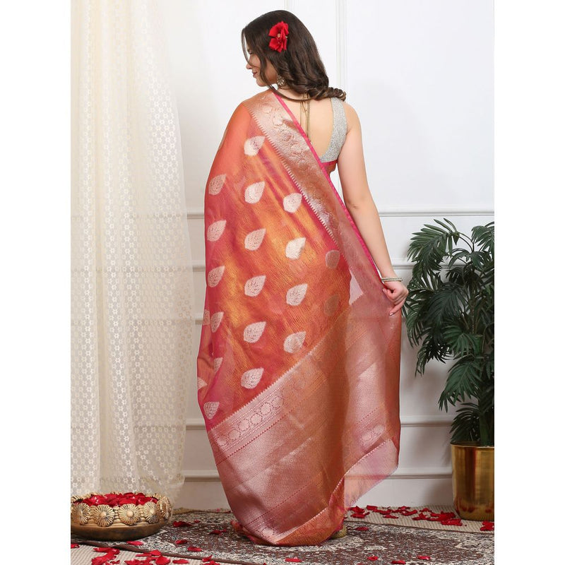 Dress & Dazzle Brown Pink Crush Tissue Saree with Unstitched Blouse