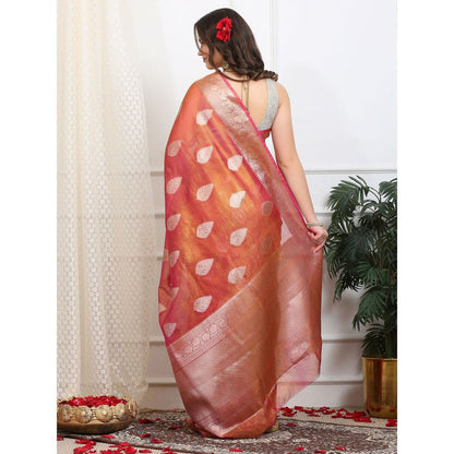 Dress & Dazzle Brown Pink Crush Tissue Saree with Unstitched Blouse
