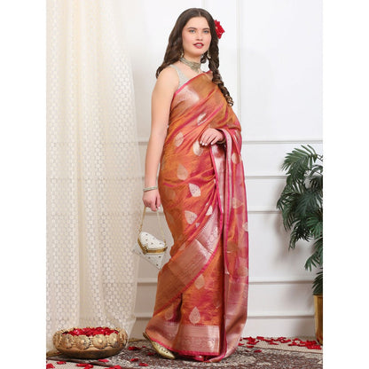 Dress & Dazzle Brown Pink Crush Tissue Saree with Unstitched Blouse