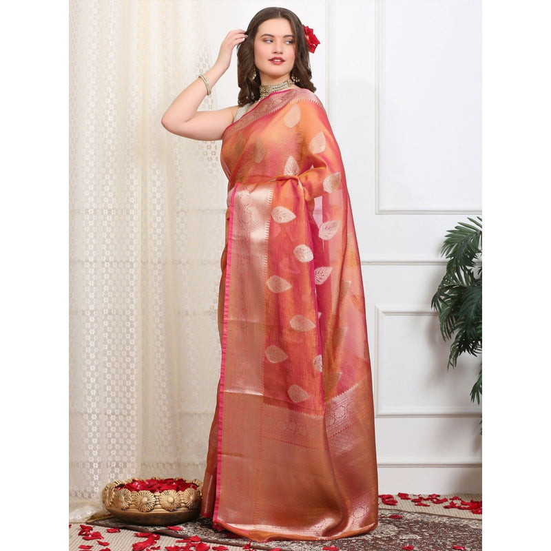 Dress & Dazzle Brown Pink Crush Tissue Saree with Unstitched Blouse