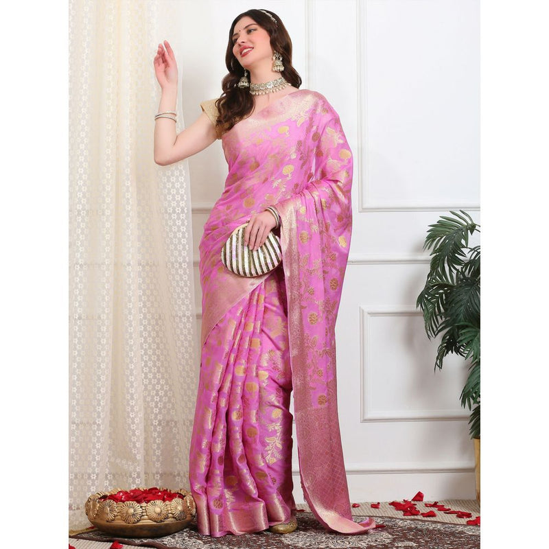 Dress & Dazzle Onion Lavender Georgette Saree with Unstitched Blouse