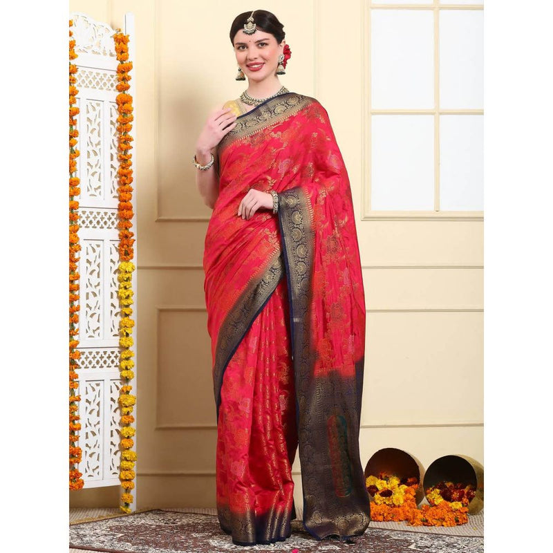 Dress & Dazzle Emerald Red Banarasi Kora Silk Saree with Unstitched Blouse