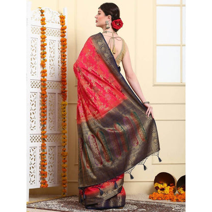 Dress & Dazzle Emerald Red Banarasi Kora Silk Saree with Unstitched Blouse