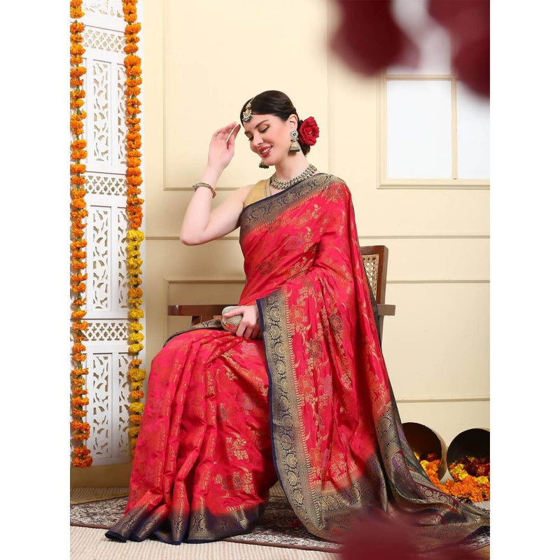 Dress & Dazzle Emerald Red Banarasi Kora Silk Saree with Unstitched Blouse