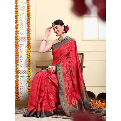Dress & Dazzle Emerald Red Banarasi Kora Silk Saree with Unstitched Blouse