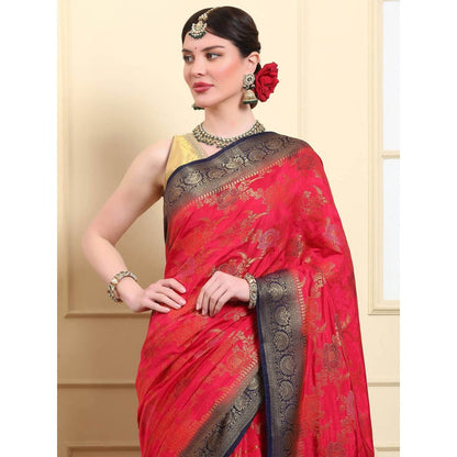 Dress & Dazzle Emerald Red Banarasi Kora Silk Saree with Unstitched Blouse