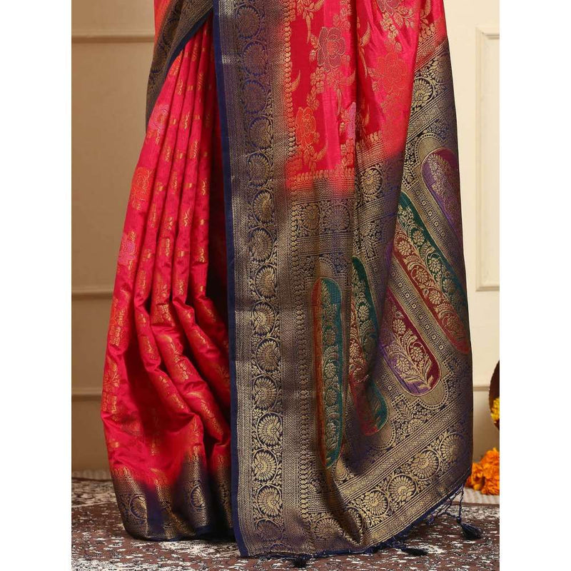 Dress & Dazzle Emerald Red Banarasi Kora Silk Saree with Unstitched Blouse
