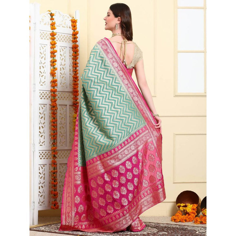 Dress & Dazzle Turquoise Blue Zari Leheriya Saree with Unstitched Blouse