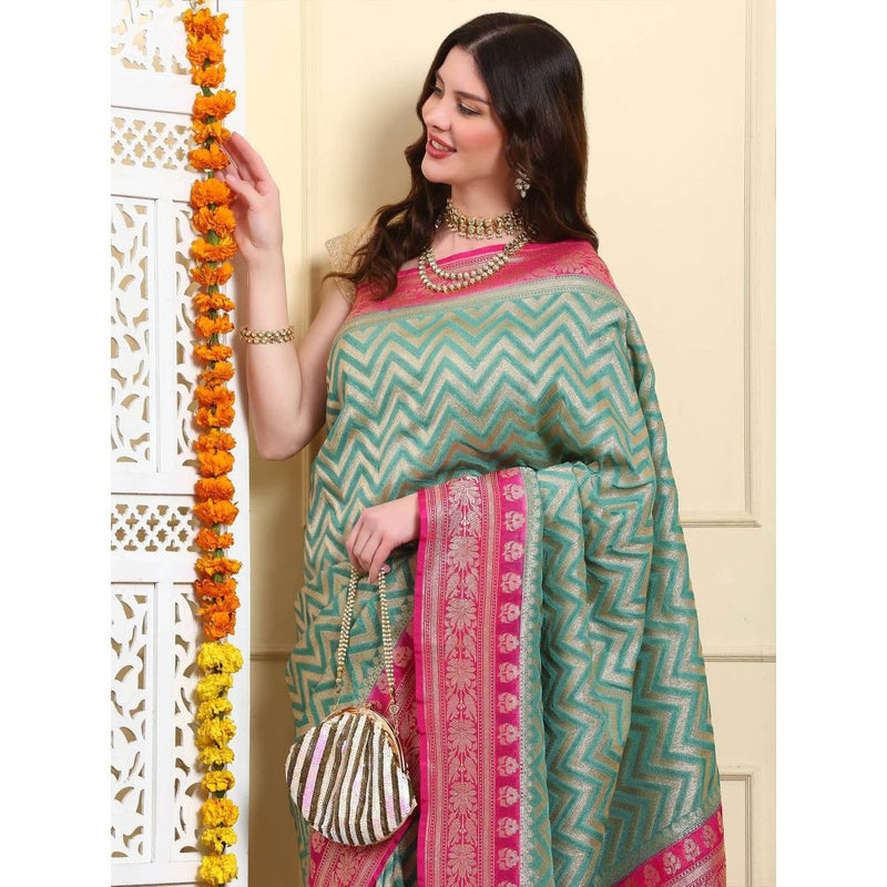 Dress & Dazzle Turquoise Blue Zari Leheriya Saree with Unstitched Blouse