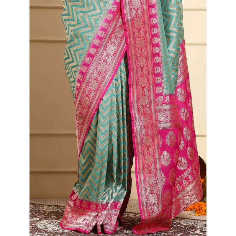 Dress & Dazzle Turquoise Blue Zari Leheriya Saree with Unstitched Blouse