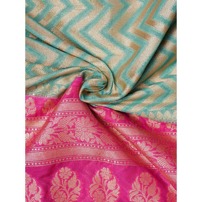 Dress & Dazzle Turquoise Blue Zari Leheriya Saree with Unstitched Blouse