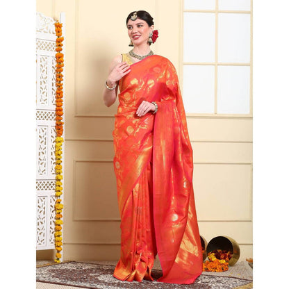 Dress & Dazzle Flame Orange Banarasi Silk Saree with Unstitched Blouse