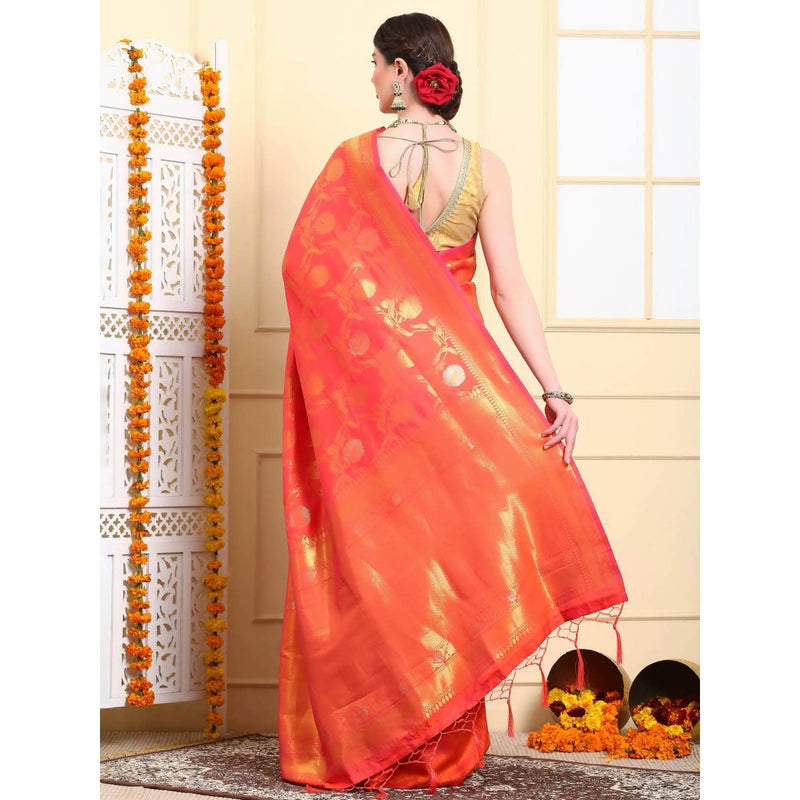 Dress & Dazzle Flame Orange Banarasi Silk Saree with Unstitched Blouse
