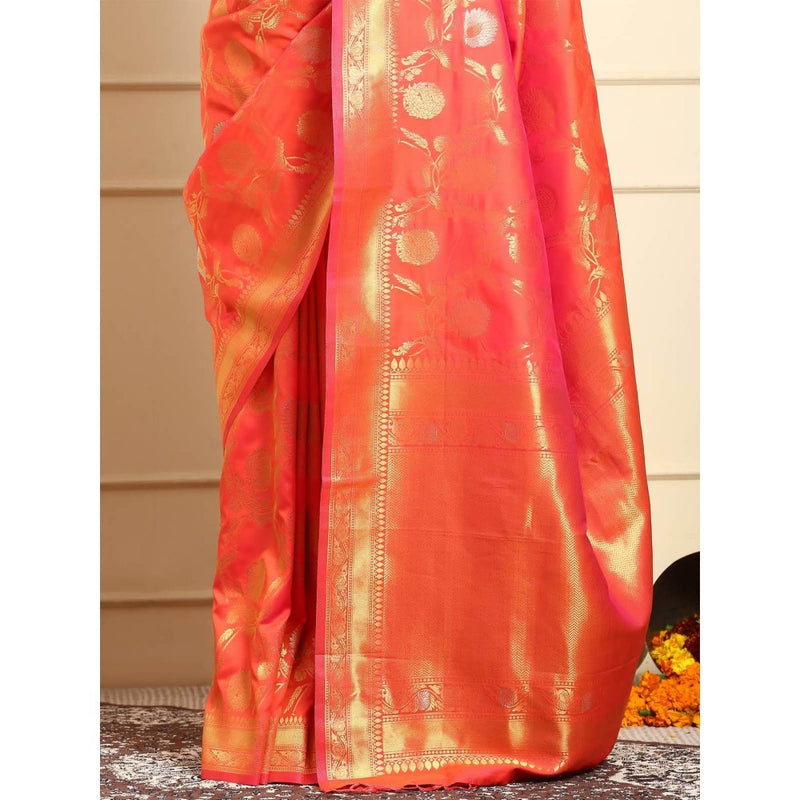 Dress & Dazzle Flame Orange Banarasi Silk Saree with Unstitched Blouse