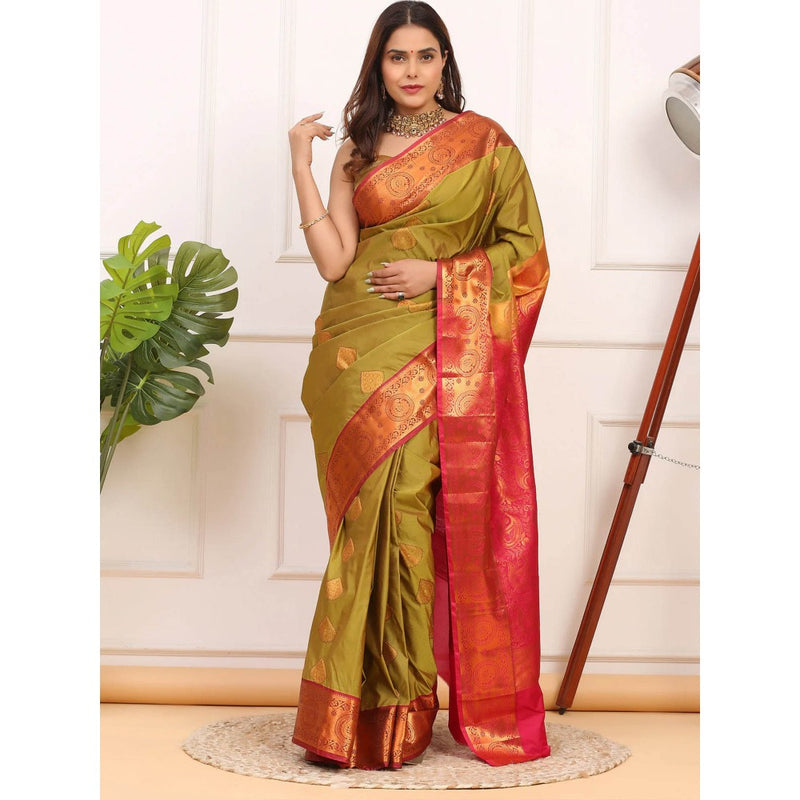 Dress & Dazzle Mehendi Green Kanjivaram Saree with Unstitched Blouse