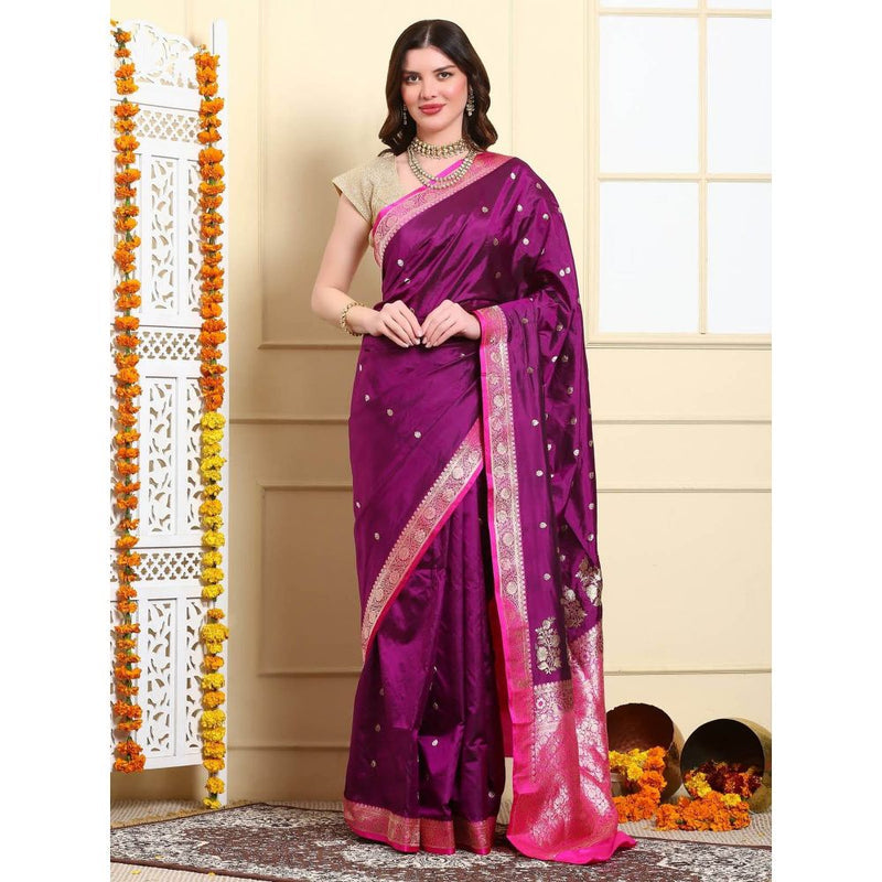 Dress & Dazzle Women Purple Pure Katan Silk Saree with Unstitched Blouse