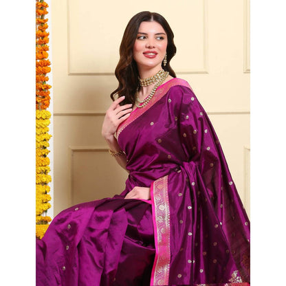 Dress & Dazzle Women Purple Pure Katan Silk Saree with Unstitched Blouse