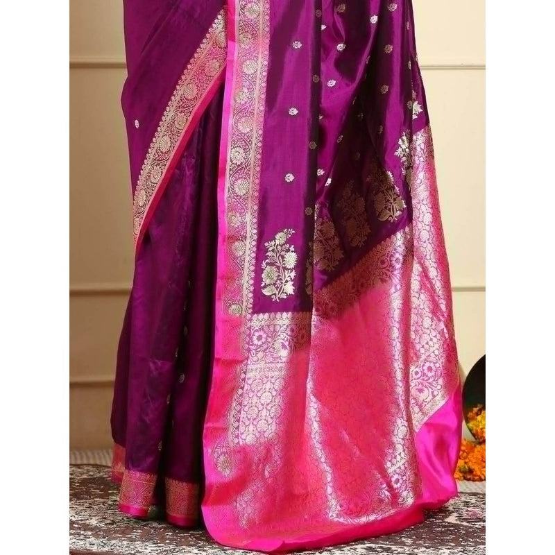 Dress & Dazzle Women Purple Pure Katan Silk Saree with Unstitched Blouse