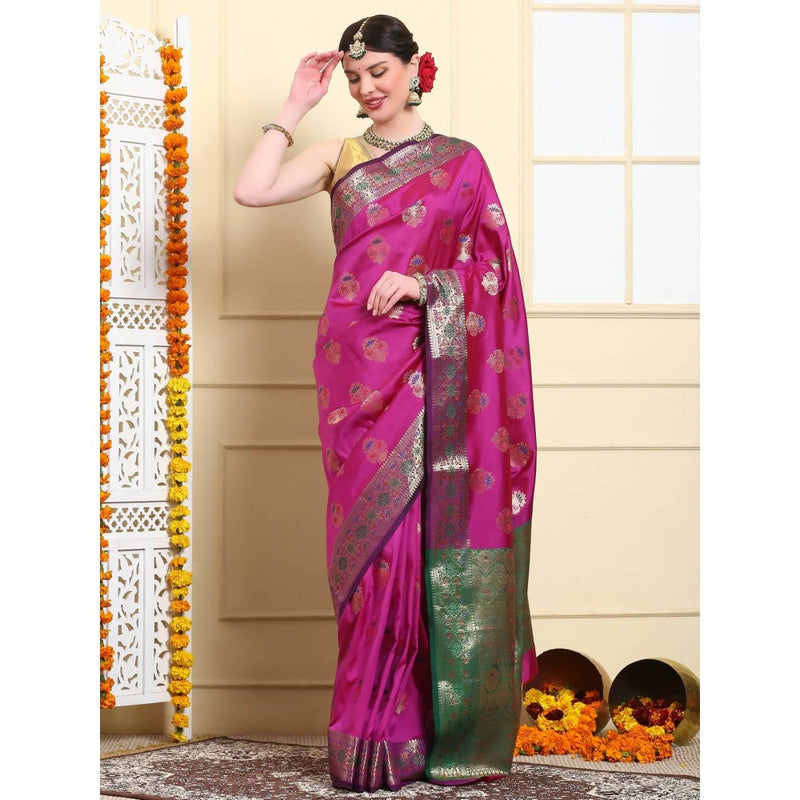 Dress & Dazzle Magenta Katan Silk Saree with Unstitched Blouse