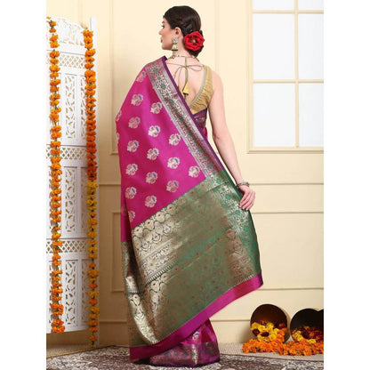 Dress & Dazzle Magenta Katan Silk Saree with Unstitched Blouse