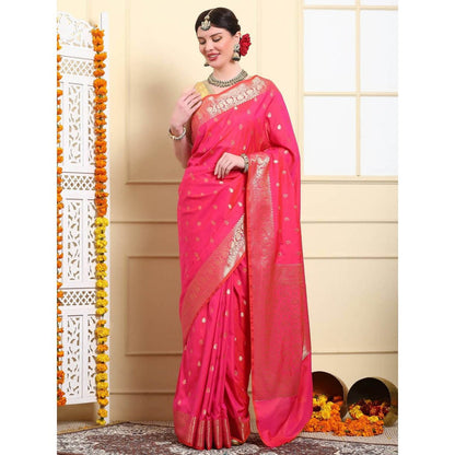 Dress & Dazzle Women Pink Katan Silk Saree with Unstitched Blouse