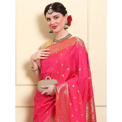 Dress & Dazzle Women Pink Katan Silk Saree with Unstitched Blouse