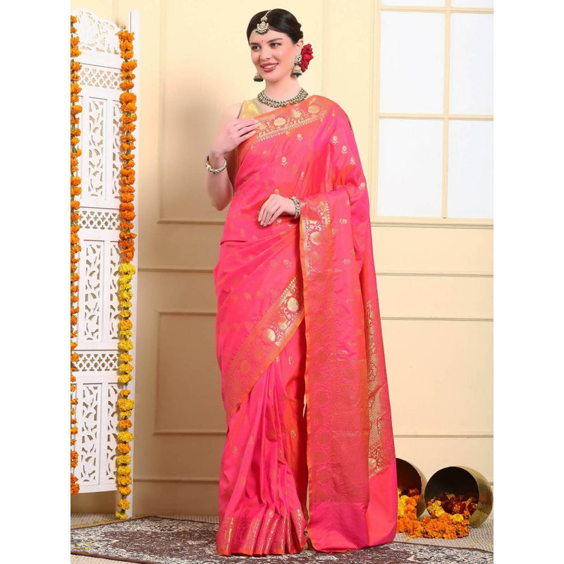 Dress & Dazzle Women Neon Pink Katan Silk Saree with Unstitched Blouse