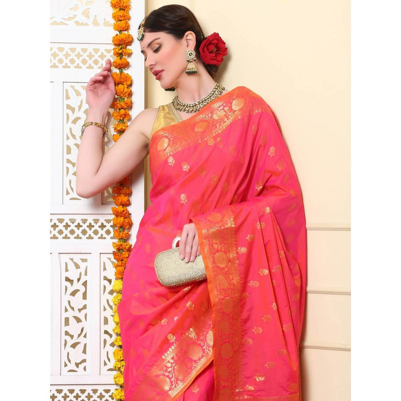 Dress & Dazzle Women Neon Pink Katan Silk Saree with Unstitched Blouse