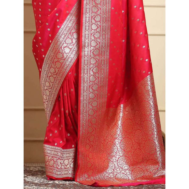 Dress & Dazzle Ruby Red Banarasi Katan Silk Saree with Unstitched Blouse