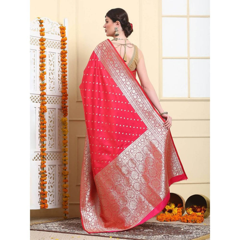 Dress & Dazzle Ruby Red Banarasi Katan Silk Saree with Unstitched Blouse