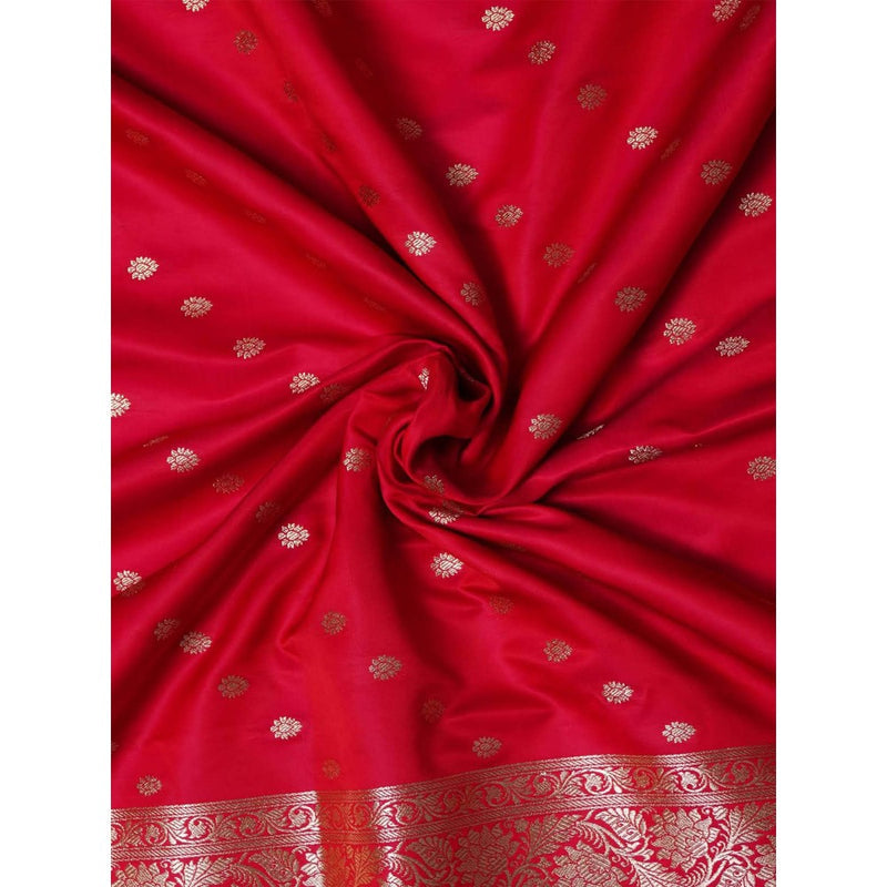 Dress & Dazzle Ruby Red Banarasi Katan Silk Saree with Unstitched Blouse