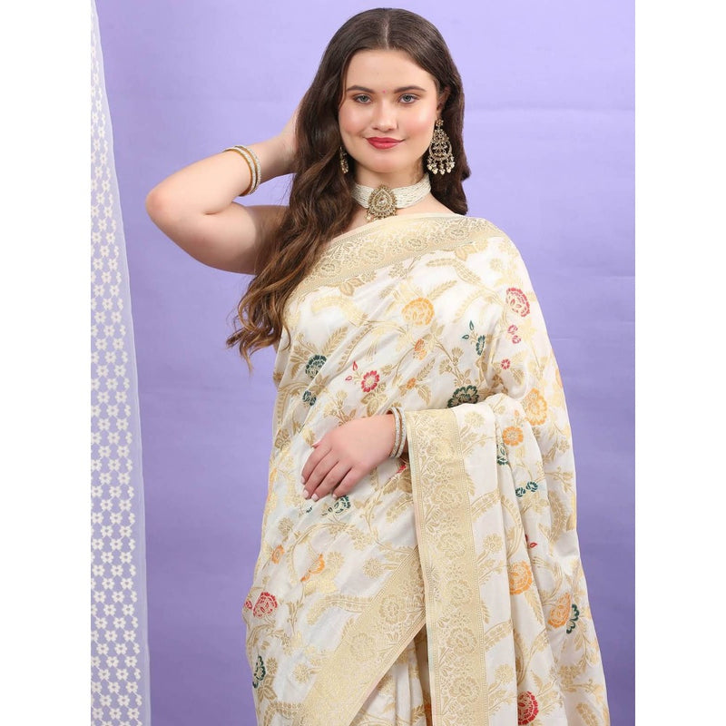 Dress & Dazzle Ivory Katan Silk Saree with Unstitched Blouse