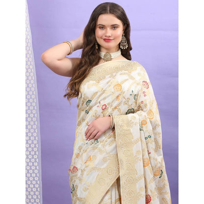 Dress & Dazzle Ivory Katan Silk Saree with Unstitched Blouse