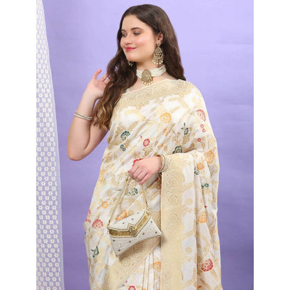 Dress & Dazzle Ivory Katan Silk Saree with Unstitched Blouse