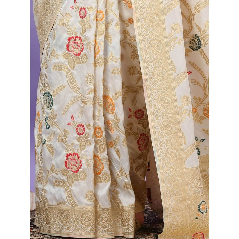 Dress & Dazzle Ivory Katan Silk Saree with Unstitched Blouse